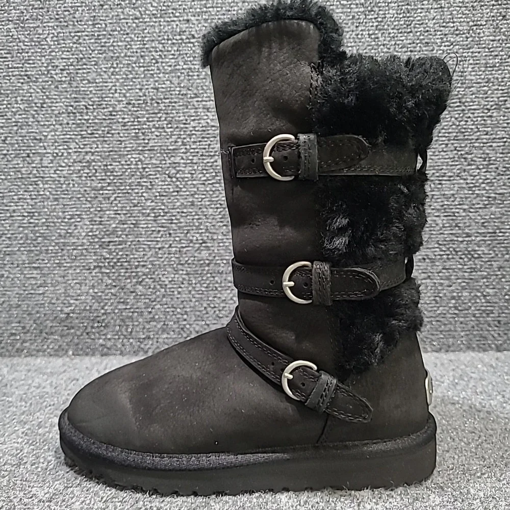 UGG Australia Becket Black Leather Sheepskin Boots Moto Buckle Kid's Size 1